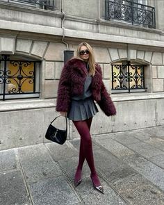 fur clothing combinations Burgundy Fur Coat Outfit, Burgundy Coat Outfit Winter, Red Fur Coat Outfit, Burgundy Coat Outfit, Burgundy Tights Outfit, Bordeaux Outfit, Burgundy Tights, Red Outfits