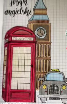 an open notebook with a drawing of a car, telephone booth and clock tower in the background