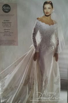 an advertisement for a wedding dress with long sleeves