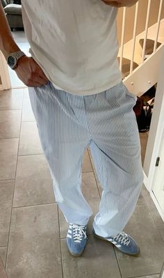 Striped Pants Men Outfit, Blue Striped Outfit, Stripe Pants Outfit Men, Blue Striped Pants Outfit, Striped Pants Outfit, Stripe Pants Outfit, Herren Style, Pants Outfit Men