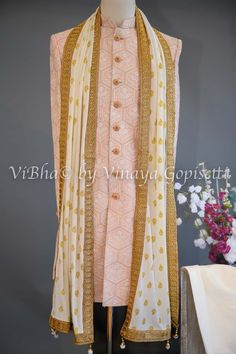 Pristine Peach Silk Thread Embroidered Sherwani Set White Thread Embroidery, Fancy Clutch, Embroidered Sherwani, Kids Wear Girls, Block Print Saree, Fancy Gowns, Silk Saree Banarasi, Silk Thread Bangles, Drape Saree