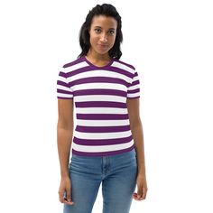 Elevate your casual style with our Purple and White Striped T-shirt for Women. Crafted from a luxurious blend of 95% polyester and 5% elastane, this tee offers supreme comfort and flexibility. Available in sizes XS to 2XL, it suits every body type. The four-way stretch fabric ensures a perfect fit, while the premium knit mid-weight jersey promises durability and style that lasts. Embrace the trendy stripes and experience the perfect balance of fashion and comfort in this versatile T-shirt. See m White T-shirt With Contrast Stripes, White Short Sleeve T-shirt With Signature Stripes, White Short Sleeve Tops With Signature Stripes, Vertical Striped Fitted Tops, Fitted Horizontal Stripe Crew Neck Top, White Short Sleeve Tops With Vertical Stripes, White Tops With Vertical Stripes And Short Sleeves, Fitted Contrast Stripes Crew Neck Top, Sporty Striped Summer Tops