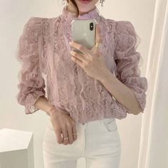 Stand Collar Lace Mesh Long Sleeve Elegant Blouse Women Lace Blouse, Organza Lace, Sweet Clothes, Fashion Stand, Relax Pants, Flower Blouse, Mesh Blouse, Shirts Women Fashion, Elegant Blouses