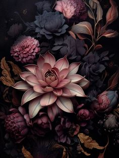 a painting of flowers and leaves on a black background