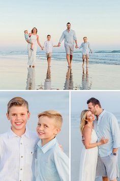 family photos on the beach at sunset with their son and daughter holding hands, mom and dad in white dress