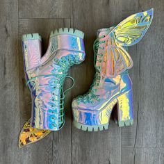 In Perfect Condition! Worn Once To Day Trip Festival And For Pictures. No Damage Or Scuffs. Will Come In Original Packaging. (Soldoutonsite.) Holographic Boots, Shoe Wings, Rave Boots, Whimsical Shoes, Rave Shoes, Wings To Fly, Dolls Kill Shoes, Goth Boots, Rave Festival