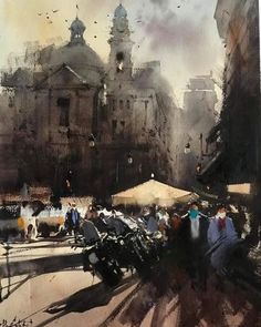 an oil painting of people walking down the street