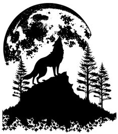 a wolf standing on top of a hill under the moon with trees and bushes in front of it