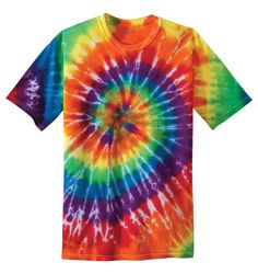 a colorful tie - dyed t - shirt is shown on a white background with the word,