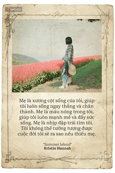 a person standing in front of a field with flowers and a poem written on it