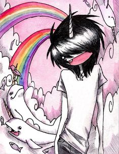 a drawing of a girl with a unicorn and rainbow in the background