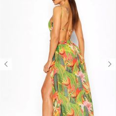 Boohoo Tropicana Cut Out Maxi Beach Dress Size S Beachy Floral Print Sundress For Beach Cover-up, Beachy Floral Sundress For Beach Cover-up, Beachy Maxi Dress With Tropical Print For Beach Cover-up, Green Floral Print Vacation Dress, Green Floral Print Dress For Vacation, Beachy Multicolor Maxi Dress With Tropical Print, Beachy Multicolor Tropical Print Maxi Dress, Beachy Floral Print Dresses For Vacation, Tropical Sundress For Vacation