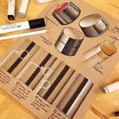 an image of various types of pens and pencils on a piece of brown paper