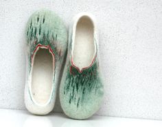 Gorgeous painted felted slippers Green Rubber Sole Slippers For Spring, Comfortable Green Indoor Slippers, Green Slip-on Slippers With Soft Sole, Green Non-slip Closed Toe Slippers, Green Flat Slippers With Rubber Sole, Casual Green Slippers With Soft Sole, Comfortable Green Closed Toe Slippers, Handmade White Slippers With Round Toe, White Comfortable Slippers For Gift