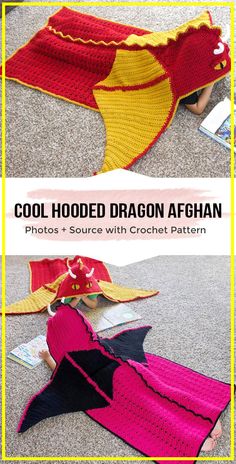 crocheted dragon afghan pattern with text overlay that says cool hooded dragon afghan