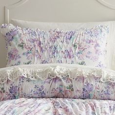 The delightfully dreamy florals in hues of lavender and soft pink make this comforter set a sweet touch to their sleep space. This enchanting bedding is woven from pure cotton for supreme softness, comfort and durability and designed exclusively for Pottery Barn Kids by lifestyle brand LoveShackFancy. DETAILS THAT MATTER Comforter is hand-tufted and made of 100% cotton. Comforter is filled with 250-gram weight, 100% polyester batting. Comforter and shams reverses to a contrast back; quilted sham Pottery Barn Kids Butterfly Bedding, Blue Bed Covers, Cottage Core Home, Lavender Room, Unicorn Bedding, Floral Bedspread, Gold Bed, Floral Comforter, Shared Room