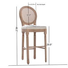 the measurements for a wooden stool with cane back and seat, shown in front of a white background