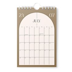 a calendar with the word july on it and a brown circle around it, in front of a white background