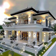 this is an artist's rendering of a modern house in the evening time with lights on