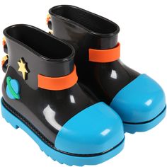 Color: Blue and black Blue and black scented black rain boots, with rubber sole. They are embellished with flames on the back and star, on the side. 100% PVC. Playful Non-slip Boots With Round Toe, Black Non-slip High-top Boots, Black Slip-resistant Round Toe Rain Boots, Black Waterproof Rain Boots, Black Waterproof Closed Toe Rain Boots, Black Rain Boots, Kenzo Kids, Stella Mccartney Kids, Luxury Shop