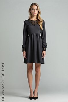 Olivia Mark - Elegant Lace Insert Long Sleeve Charcoal Midi Dress Charcoal Dress, Ethereal Aesthetic, Lace Insert, A Romantic, Olivia Mark, Long Sleeve Lace, Elegant Dresses, Charcoal Grey, Lace Detail