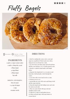 an image of two bagels on a cutting board with the words, fluffy bagels