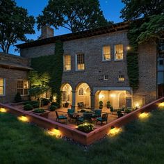 an outdoor patio with lights on it