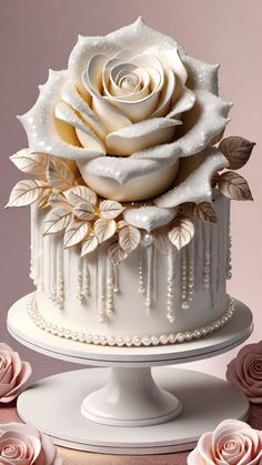 there is a white cake with flowers on the top and bottom tier, decorated with icing