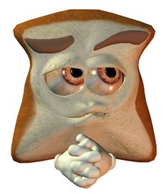 an animated image of a piece of bread with eyes and hands on it's side