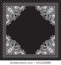 a black and white bandanna with an ornate design on the border, in front of a