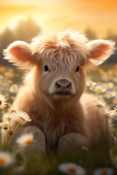 a baby cow is sitting in the middle of daisies