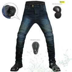 Revolution 13 Winter Waterproof Riding Jeans with CE Certified Protectors is motorcycle ready for cold weather, while at the same time, being spot on when it comes to fashion trends. The stretchable polyester and cotton fabrics used in the jeans mix into the perfect blend of utility and comfort. CE Certified Knee Hip Protective Pads ⇨ The knee and hip pads are detachable and easy to mount. Insert them into their special pockets for added protection on the road. Reinforced Stitching ⇨ The pants f Casual Straight Leg Motorcycle Bottoms, Casual Straight Leg Bottoms For Motorcycling, Fitted Biker Bottoms For Outdoor, Winter Fitted Denim Pants, Fitted Denim Pants For Winter, Fitted Denim Blue Pants For Winter, Fitted Denim Blue Winter Bottoms, Winter Fitted Denim Blue Pants, Fitted Denim Blue Bottoms For Winter