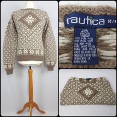 "Fantastic vintage menswear chunky knit jumper from Nautica label, pure new wool with a wintry snowflake design in coffee and cream. Cosy and warm, excellent condition. Size label says M/ from measurements this will fit up to 46-48\" Chest, or can be worn more oversized;  * Underarm to underarm 24.5\" * Shoulder to hem 25\"" Fairisle Jumper, Vintage Menswear, Chunky Knit Jumper, Pullover Sweater Men, Wool Pullover, Snowflake Design, Snowflake Pattern, Snowflake Designs, Size Label