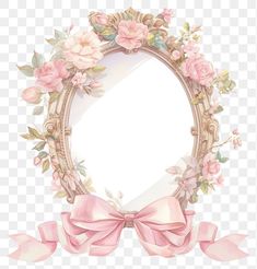 an oval frame with pink flowers and bows on the edge, transparent background png