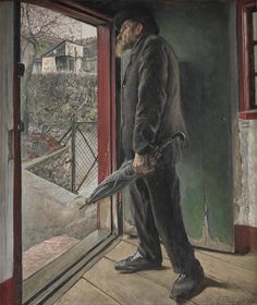 a painting of a man standing in front of a window holding an umbrella and looking out the window