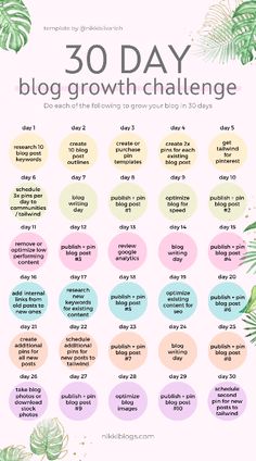 the 30 day blog growth challenge is shown in pink and blue with green leaves on it