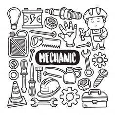 the word mechanic surrounded by various hand drawn tools and things in black ink on a white background