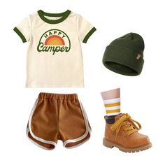 Collage of camp-inspired clothing for Born Two Explore Happy Camper themed birthday party One Happy Camper First Birthday Outfit, Happy Camper Costume, One Happy Camper Outfit, Camp Birthday Theme, Camping Party Theme, Kids Camping Birthday Party, Retro Summer Camp, One Happy Camper First Birthday