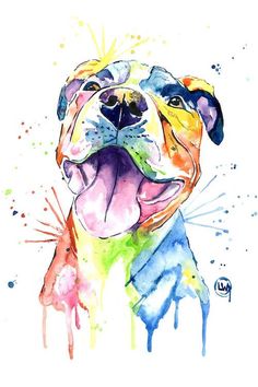 a watercolor painting of a dog with his tongue out