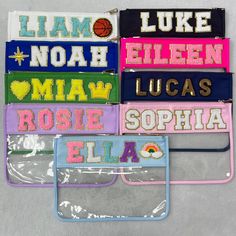 Customize your name on this clear PVC makeup bag! Stylish and practical, it's perfect for organizing your beauty essentials. Made from durable, transparent material, it allows easy access while adding a personal touch with your custom name. Ideal for travel or everyday use! How to Order: 1. Choose the color of the bag. 2. Select the number of patches:    For example, MIA + crown + heart, you should select 5 letters / ELLA + rainbow, you should select 5 letters. 3. Provide the necessary informati Bag With Patches, Clear Pouch, Letter Patches, Varsity Letter, Clear Bag, Bridal Gift, Clear Bags, Toiletry Storage, Bridal Gifts