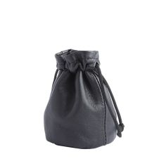 a small black leather bag with a drawsack on the front and side, sitting on a