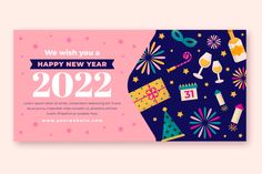 a happy new year card with fireworks and confetti