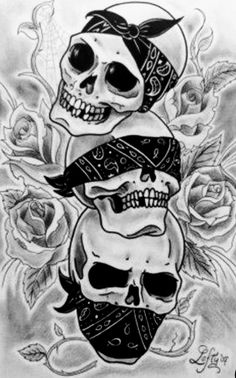 three skulls with bandannas and roses tattoo design on the back of a shirt