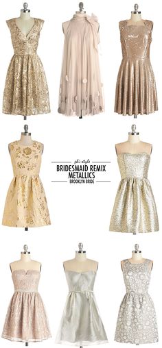 six different styles of dresses on mannequins, all in gold and silver