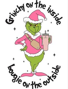 the grinch on the inside muggie on the outside is holding a coffee cup