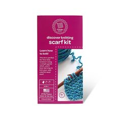 a package of blue and green yarn with the words, discovery knitting scarf kit