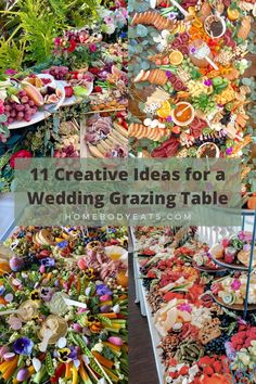 a table filled with lots of different types of food and flowers on top of it