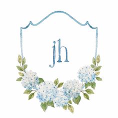 a blue and white floral wreath with the letter jh in it's center