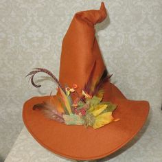 Autumn Witch Hat- Copper Wool Felt Hat with Bow or Leaves, Moss, Pinecones, and Feathers Fall Costume Hats And Headpieces With Curved Brim, Curved Brim Costume Hats For Fall, Vintage Hufflepuff, 60s Witch, Garden Witch, Hat Decor, Autumn Witch, Harry Potter Illustrations, Hat With Bow