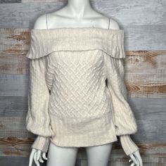 Anthropologie Margo Cream Off The Shoulder Sweater Size Medium Brand New Without Tags. Never Worn. Excellent Condition, No Flaws Anthropologie Large Ivory Margo Off-The-Shoulder Sweater Nwt Brand New With Tags A Shoulder-Baring Silhouette Makes This Knit A Feminine Favorite - Style It With Polished Denim Or A Sweeping Maxi Skirt For A Look That’s Sure To Earn You Compliments. 52% Nylon, 34% Cotton, 6% Wool, 6% Acrylic, 1% Alpaca, 1% Elastane Puffed Sleeves Off-The-Shoulder Silhouette Pullover St Beige Off-shoulder Winter Tops, White Off-shoulder Fall Sweater, Cozy Off-shoulder Winter Tops, Cream Off-shoulder Top For Fall, 2000s Clothes, Off The Shoulder Sweater, Xmas List, Anthropologie Sweater, Puffed Sleeves